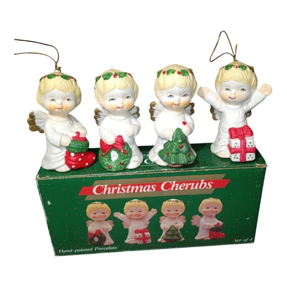 Vintage 1990 Action Ind. Hand Painted Porcelain Christmas Cherubs Set Of 4 w/Box